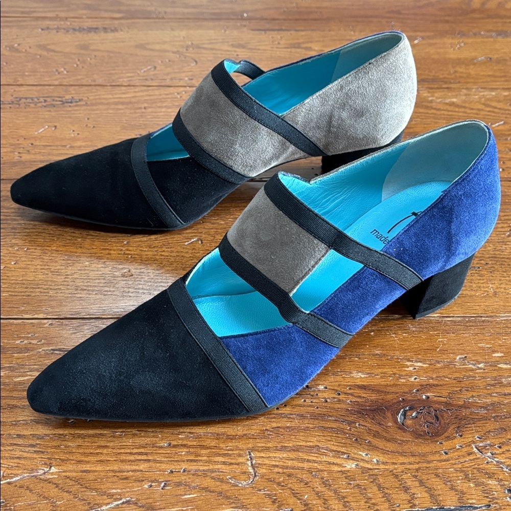 Thierry Rabotin Black, Blue, and Gray Suede Heels